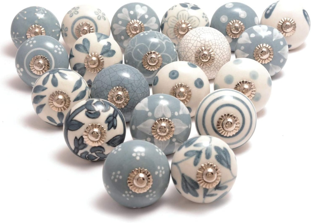 Eleet Assorted Ceramic Cabinet Knobs - Vintage Cabinet Cupboard Door & Drawer Pulls Chrome Hardware (Ceramic Knobs Set of 20, Grey & White)