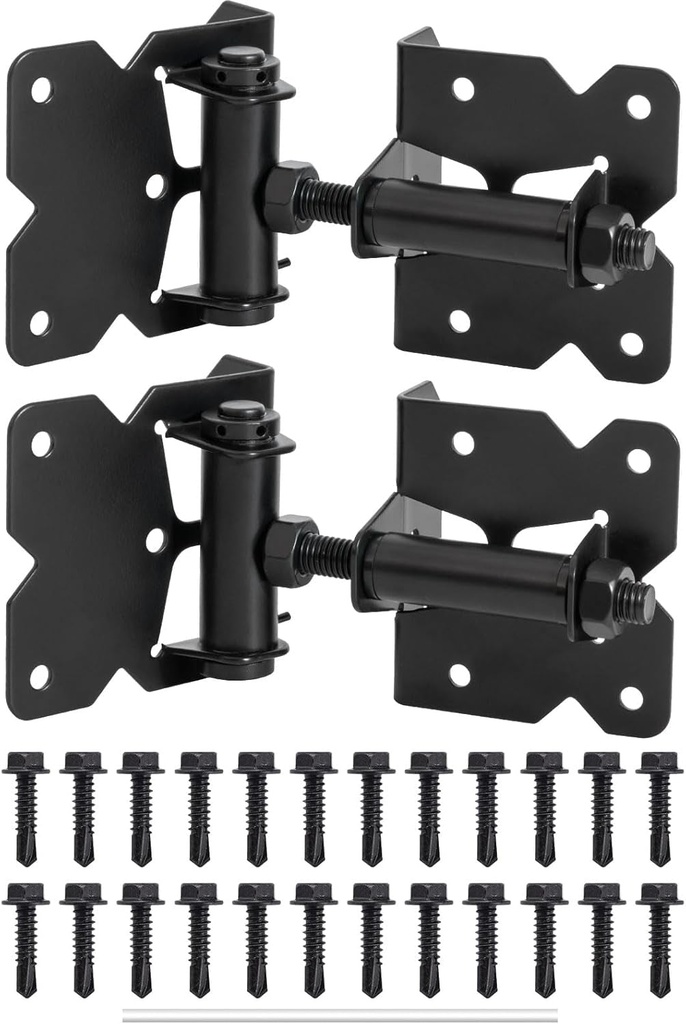 Self-Closing Gate Hinges, Heavy Duty Door Hinges for Wooden/Vinyl/Pvc Fences, 90 Degree Adjustable Gate Hinge Hardware Kit with Spring Adjuster Tool, Black(1 Pair-2 Hinges)