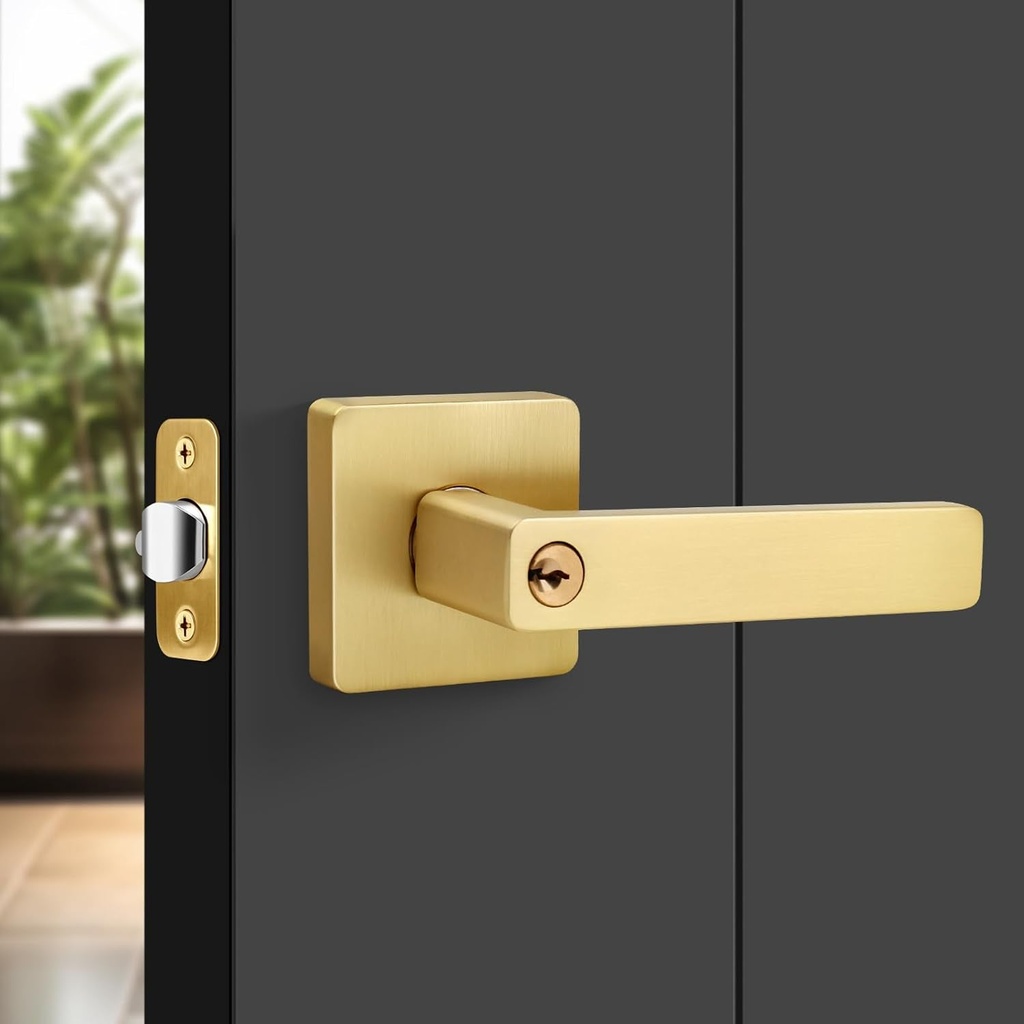 Brushed Gold Door Handles, Heavy Duty Keyed Entry Door Lever with Lock, Reversible Square Door Handle with Keys for Entrance Front Door, Satin Brass