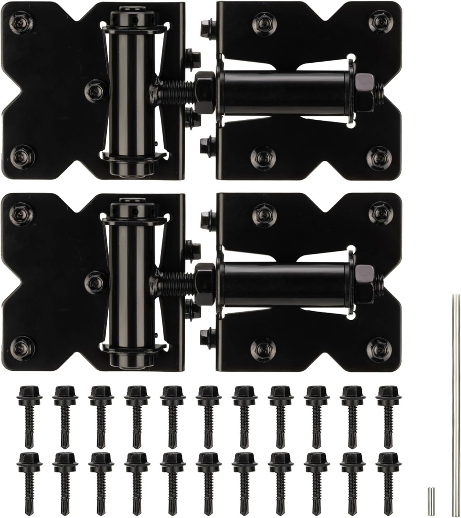 Non-Weld Self Closing Gate Hinges Adjustable Heavy Duty Hardware 90 Degree Gate Hinges Kit for Wood/Vinyl/Metal/Outdoor Fence, with Self-Tapping Screws and Swing Adjuster Tool, 2-Pack