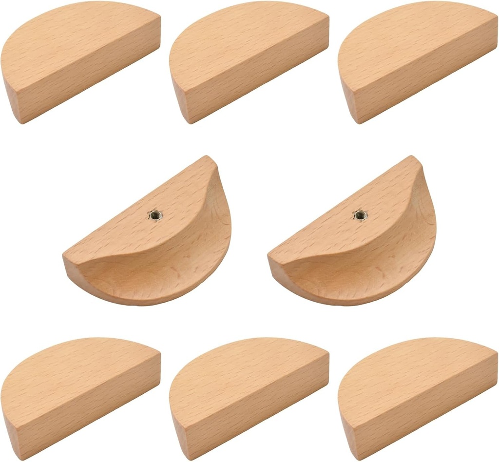 MOROBOR Half Moon Drawer Handles, 8PCS Wooden Semi Circle Pulls Beech Wood Wardrobe Drawer Hardware Double Hole Handle for Drawer Cabinet Wardrobe
