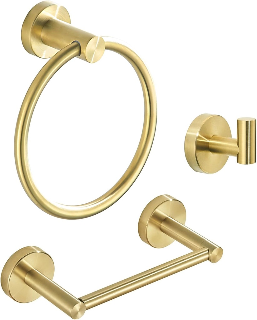 WEIKO Gold Bathroom Hardware Set, Brushed Gold Toilet Paper Holder Towel Ring Robe Hooks Wall Mount Hand Towel Holder Bath Accessories Stainless Steel, 3 Pieces