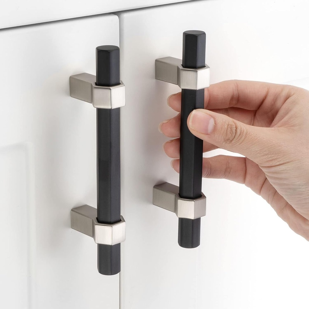3 Inch Hole Centers, Black Hexagon Bar & Nickel Foot Kitchen Cabinet Pull Handle AP1310 | Pack of 5, Solid Hardware for Drawer, Dresser, Bathroom, Vanity, Furniture Door, Cupboard, 3"
