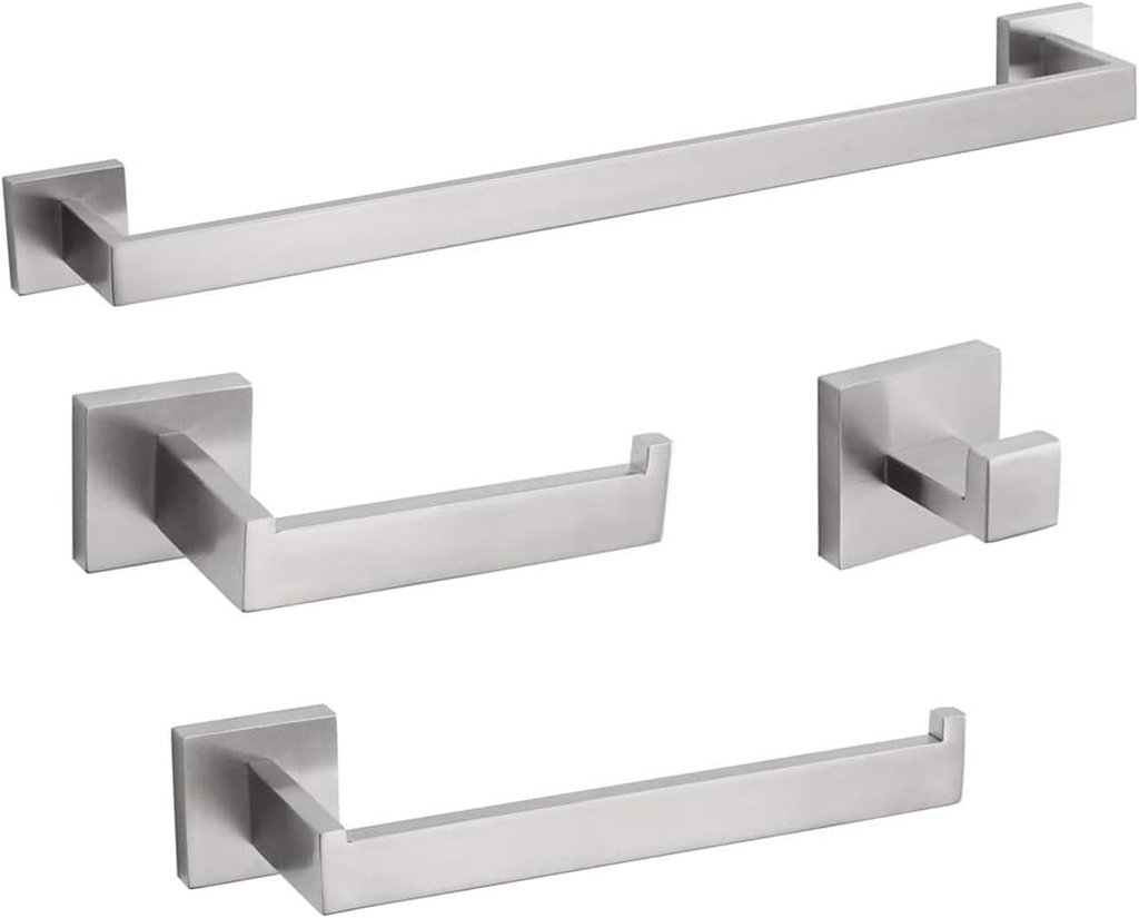 4-Piece Bathroom Hardware Set, Towel Rack Towel Bar Towel Holder Toilet Paper Holder Towel Hooks Modern Square Premium Stainless Steel Brushed Nickel Wall Mounted Bathroom Accessories Set (16Inch)