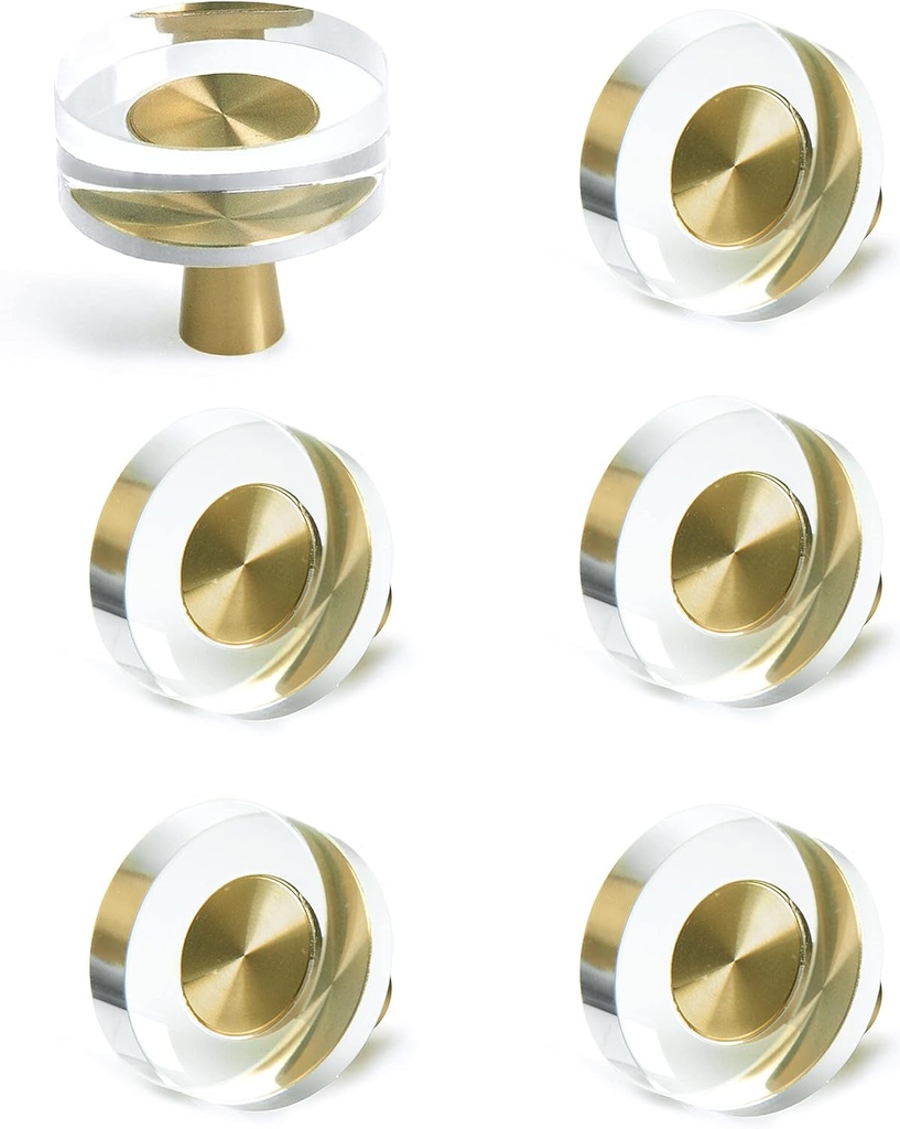JEREVER 6 Pack Glass Crystal Knobs Brass Drawer Pull Cabinet Handle Gold Furniture Hardware for Dresser Kitchen (Round)