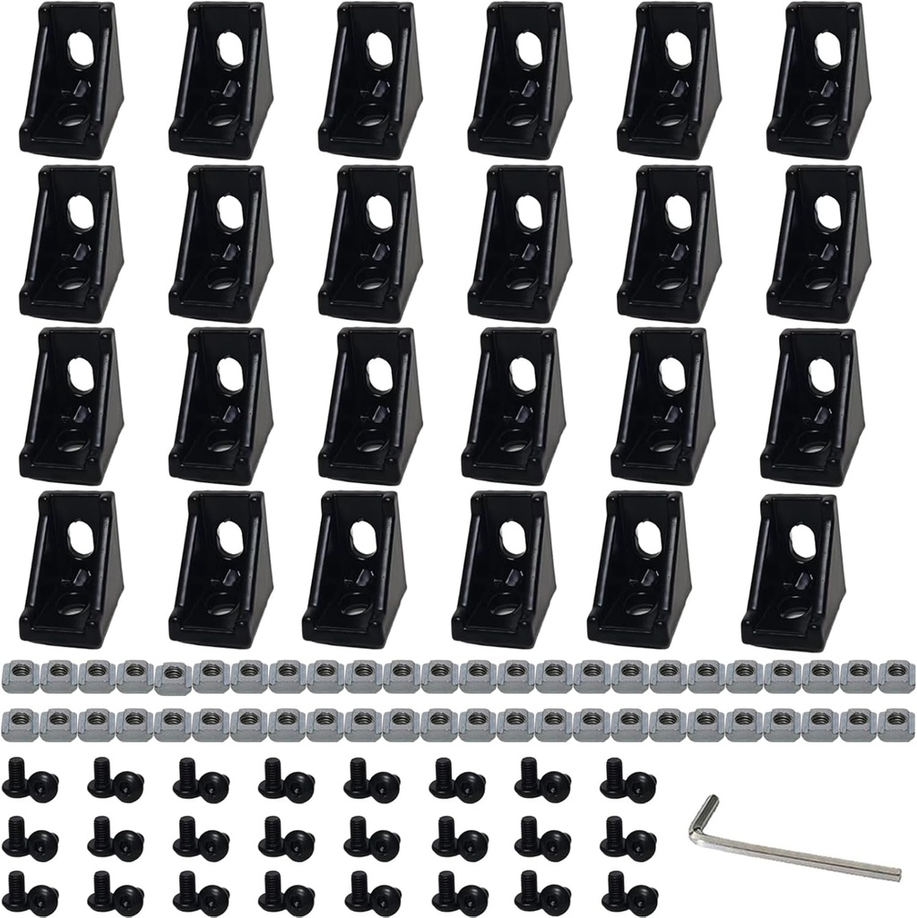24Pcs 2020 Corner Bracket, 2020 Aluminum Extrusion Profile Connector, Aluminum Extrusion Hardware V-Slot Accessories, T-Slotted for 2020 Aluminum Profile 3D Printer Frame Parts Accessories (Black)