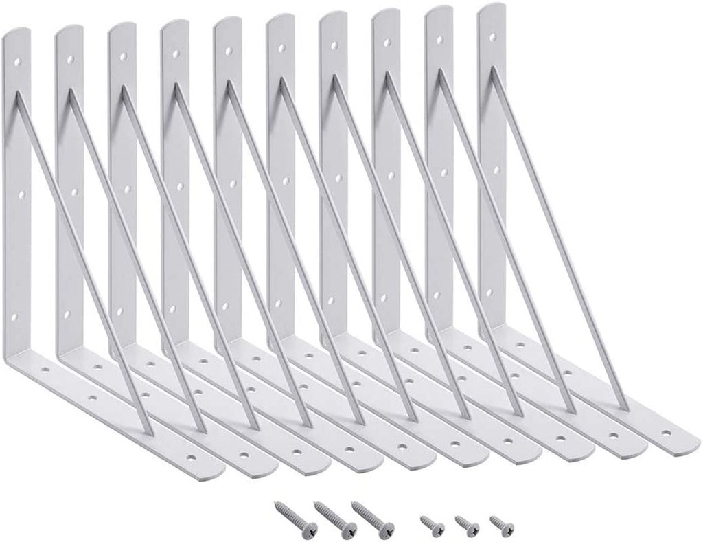 HOME MASTER HARDWARE 10 X 8 Inch Metal Shelf Brackets, 90° Triangle L-Bracket, Wall Mount Supports for Floating Shelves W/ Screws, White 10-Pack