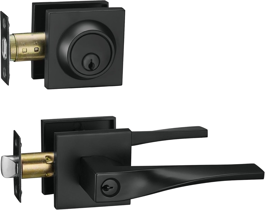 Berlin Modisch Sleek Series Entry Lever Door Handle Set and Single Cylinder Deadbolt Locking Lever Handleset [Front Door or Office] Reversible Heavy Duty – Iron Black Finish