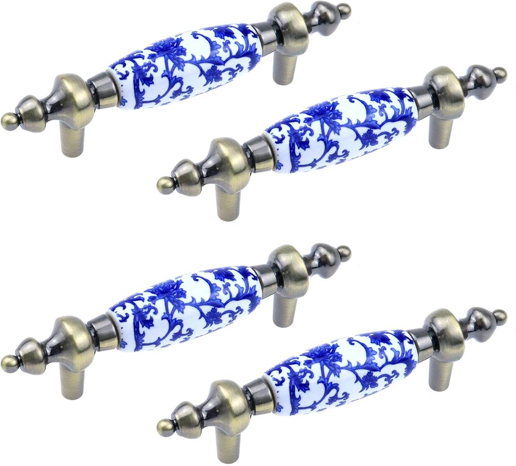 MY MIRONEY 3" Holes Center to Center Blue and White Porcelain Drawer Knob Blue Flower Knobs Hardware Blue Floral Cabinet Pulls Ceramic Antique Bronze Cabinet Drawer Pull Pack of 4