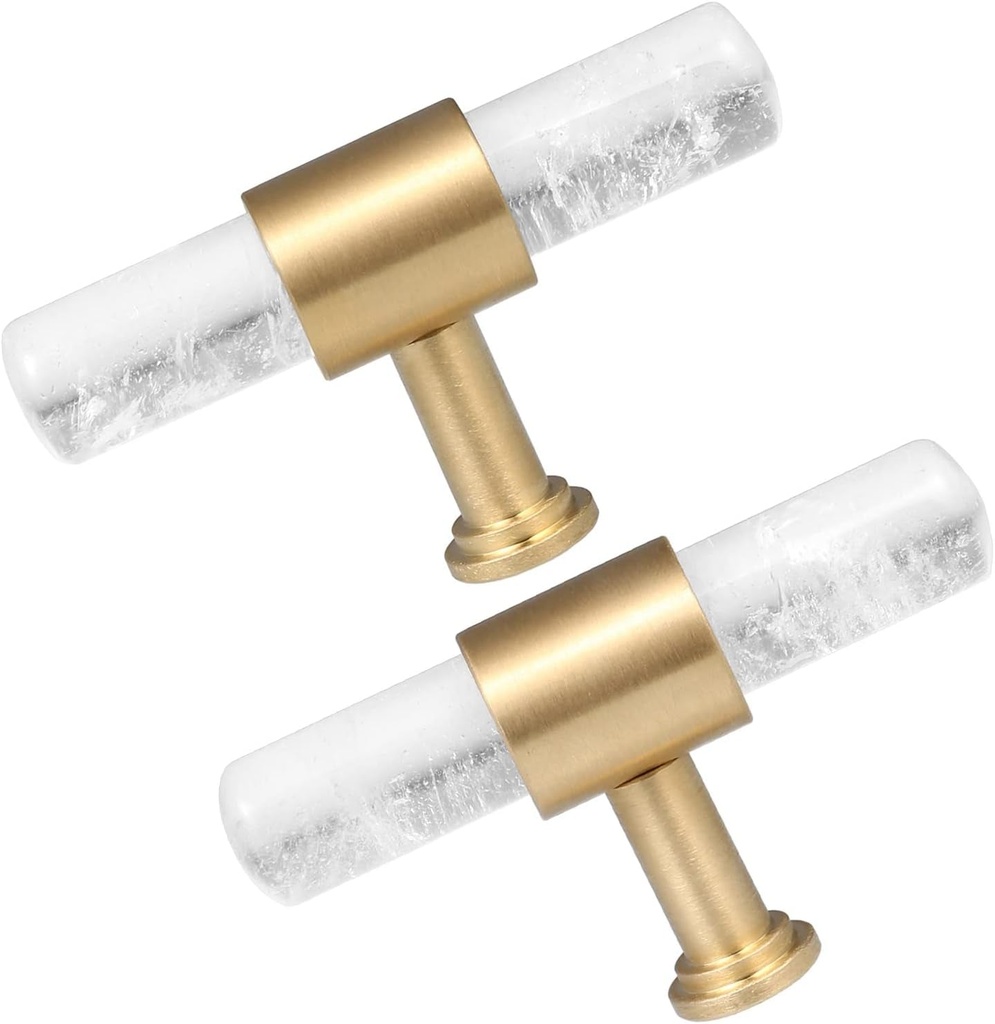 TUMBEELLUWA Set of 2 Crystal Stone T Bar Pull Handles with Screws, Brushed Brass Single Hole Quartz Stick Hardware Cabinet Knobs for Dresser Cupboard Kitchen Decor, Rock Crystal