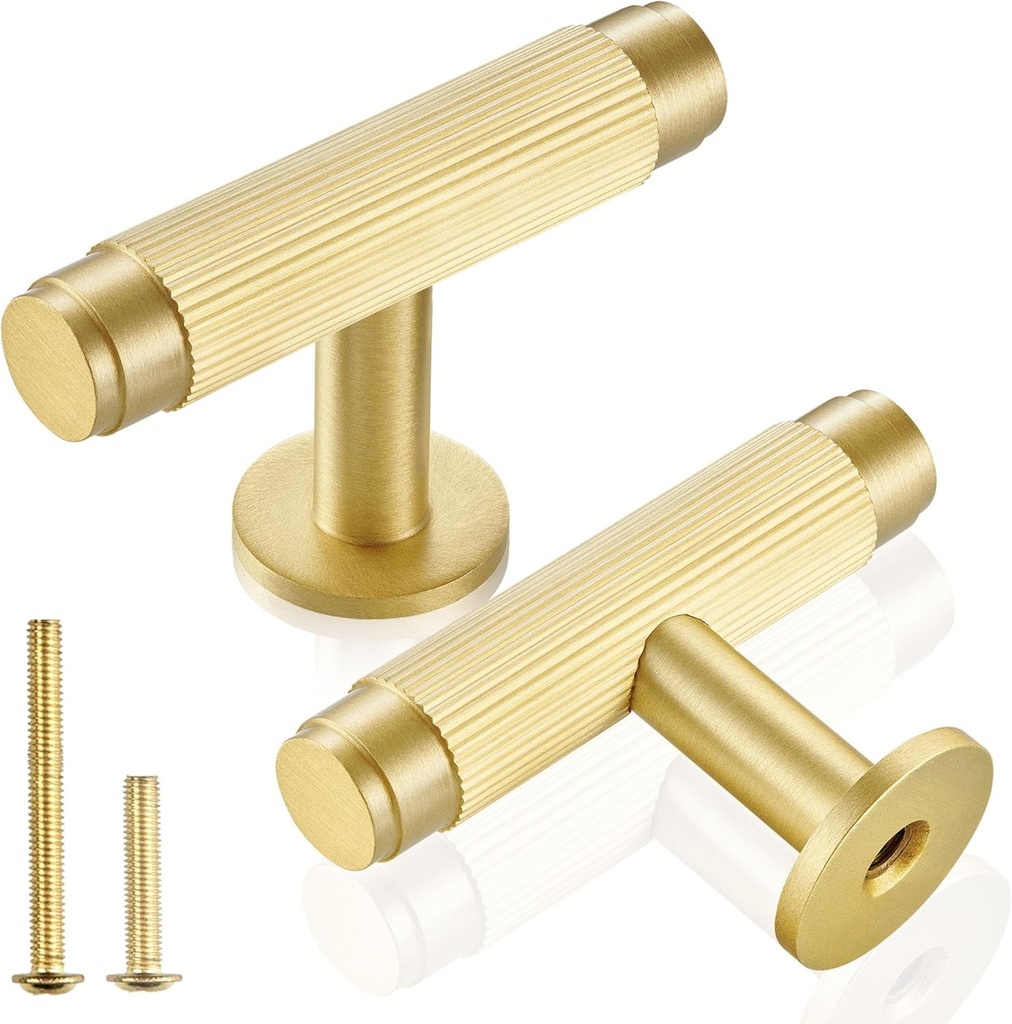 QOGRISUN 5-Pack Solid Brass Cabinet Knobs, Grooved Gold T Bar Pulls, Single Hole Handles for Kitchen Drawer Dresser Cupboard, 2.1-Inch Total Length, Brushed Brass Finish – Eleganza