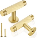 QOGRISUN 5-Pack Solid Brass Cabinet Knobs, Grooved Gold T Bar Pulls, Single Hole Handles for Kitchen Drawer Dresser Cupboard, 2.1-Inch Total Length, Brushed Brass Finish – Eleganza