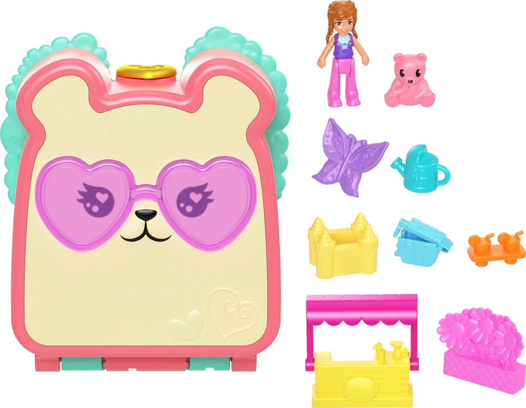 Polly Pocket Cutie Bear Picnic Mini Playset with 1 Micro Doll & 8 Accessories Including Pet, Food Theme