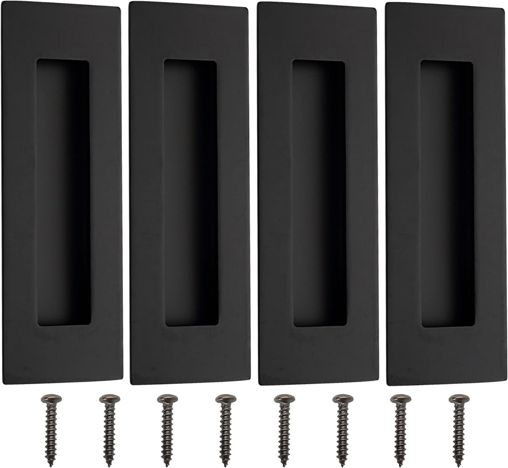 6 Inch Recessed Finger Flush Pulls for Barn Door Pocket Door, Closet Sliding Door Handle, Matte Black Stainless Steel Rectangular Door Pull Hardware(4 Pack)