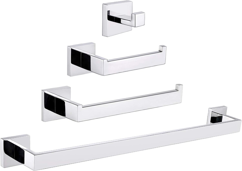 Bathroom Hardware Set 4 Pieces, Suyar SUS304 Stainless Steel Remodeled Bathroom Accessories, Include Robe Hook, Toilet Paper Holder, Towel Holder, Towel Bar, Polished Chrome