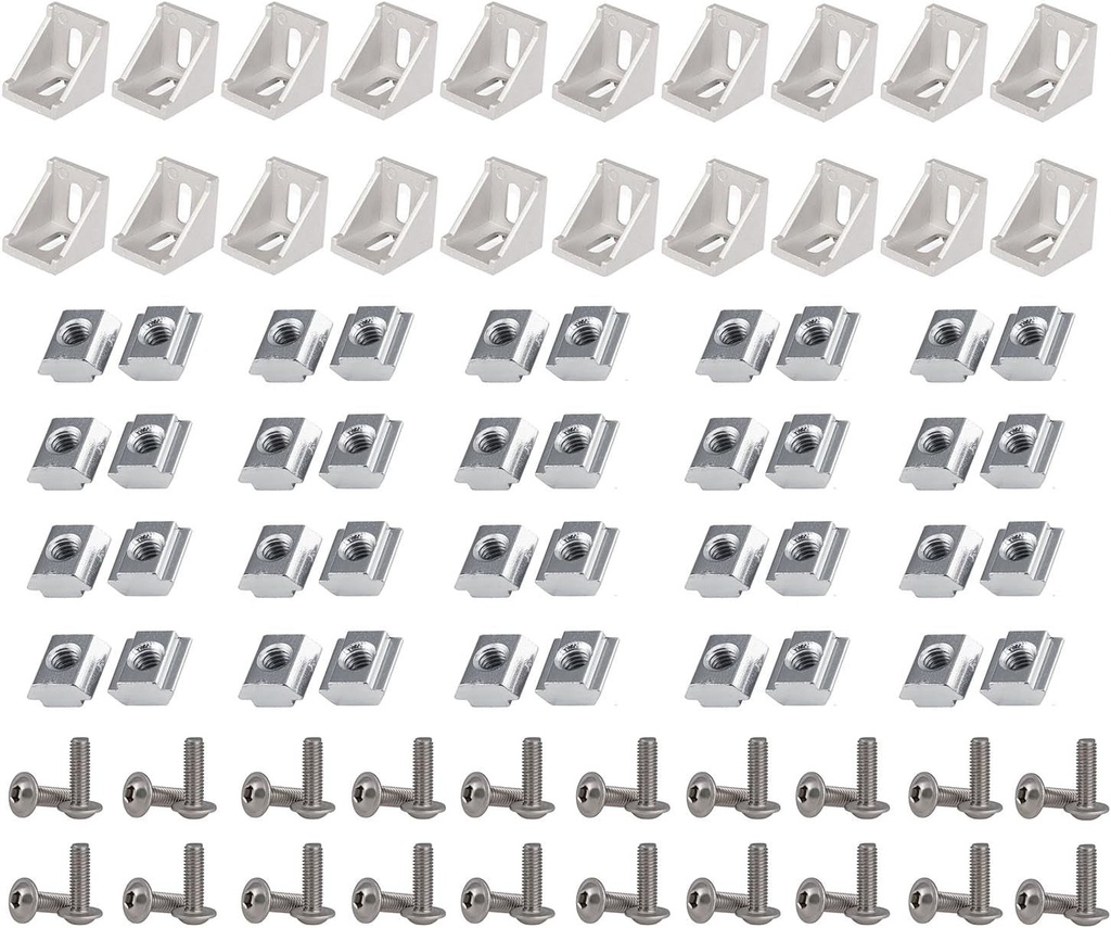 2020 Series Aluminum Profile Connector Set, 20Pcs Corner Bracket,40Pcs T-Slot Nuts, 40Pcs M5X8 Mm Hex Socket Cap Screw Bolt for 6Mm Slot Aluminum Profile Accessories
