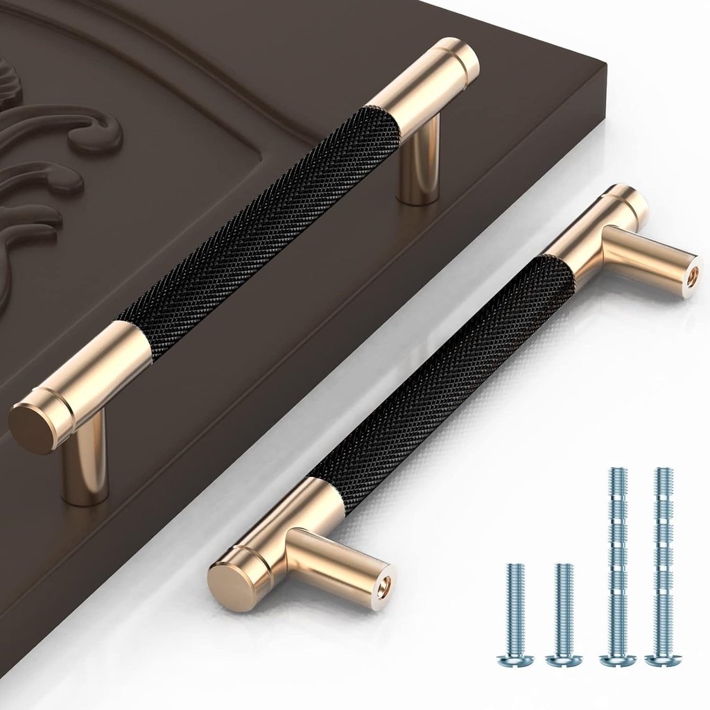 Cabinet Handles 12 Pack 5" Drawer Pulls Gold Cabinet Pulls Aluminum Handles round Pull for Kitchen, Bedroom Hardware,Gold Nickle Oxidation Finish with Diamond Pattern (5" Hole Center Gold Black)
