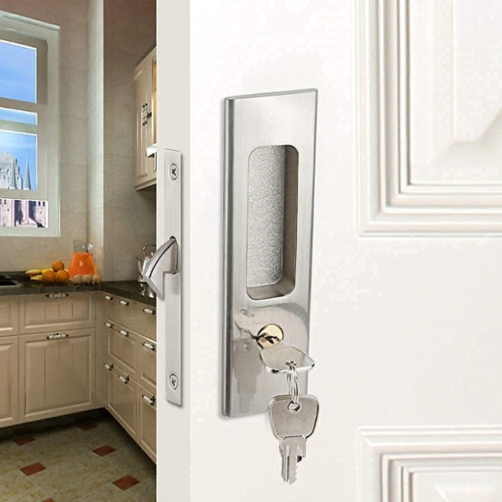 Sliding Door Lock Invisible Recessed Handle Latch with Keys for Pocket Door Barn Wood Door Interior Privacy Furniture Hardware Silver