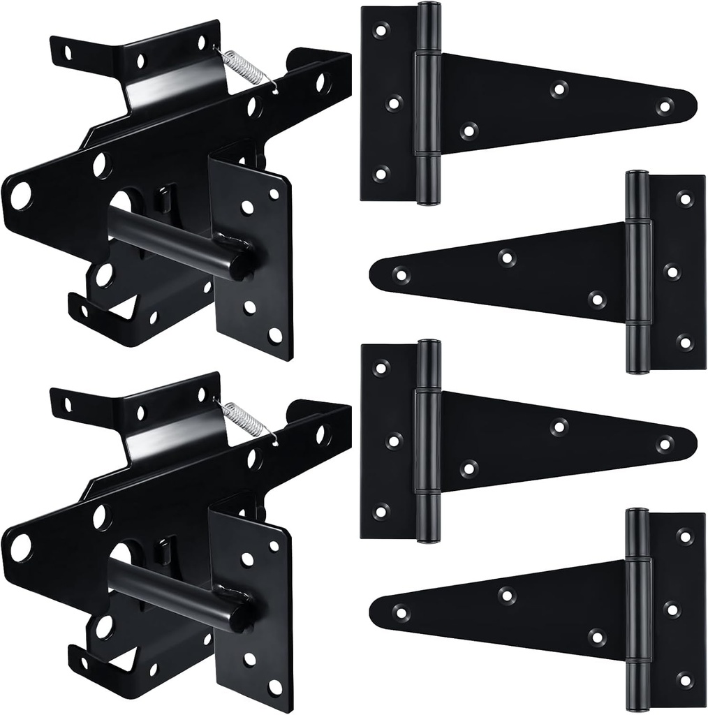 Gate Hardware Set Heavy Duty, with 2 Gate Latches and 4 PCS 6 Inch T-Hinges, Use for Outdoor Vinyl Fence Gate, Wood Fences Gate,Wood Shed Barn Door,Fence Gate Swing Door
