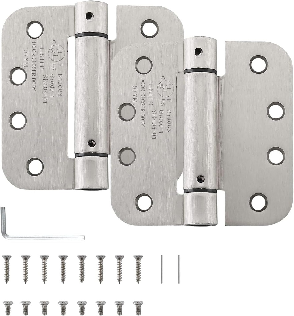 2 Pack Door Hinges Satin Nickel，Self Closing Door Hinge,4 X 4 Inch Adjustable Spring Door Hinge,Rounded Interior Door Hinges for Garage, Front Door, Back Door,-Home MASTER HARDWARE