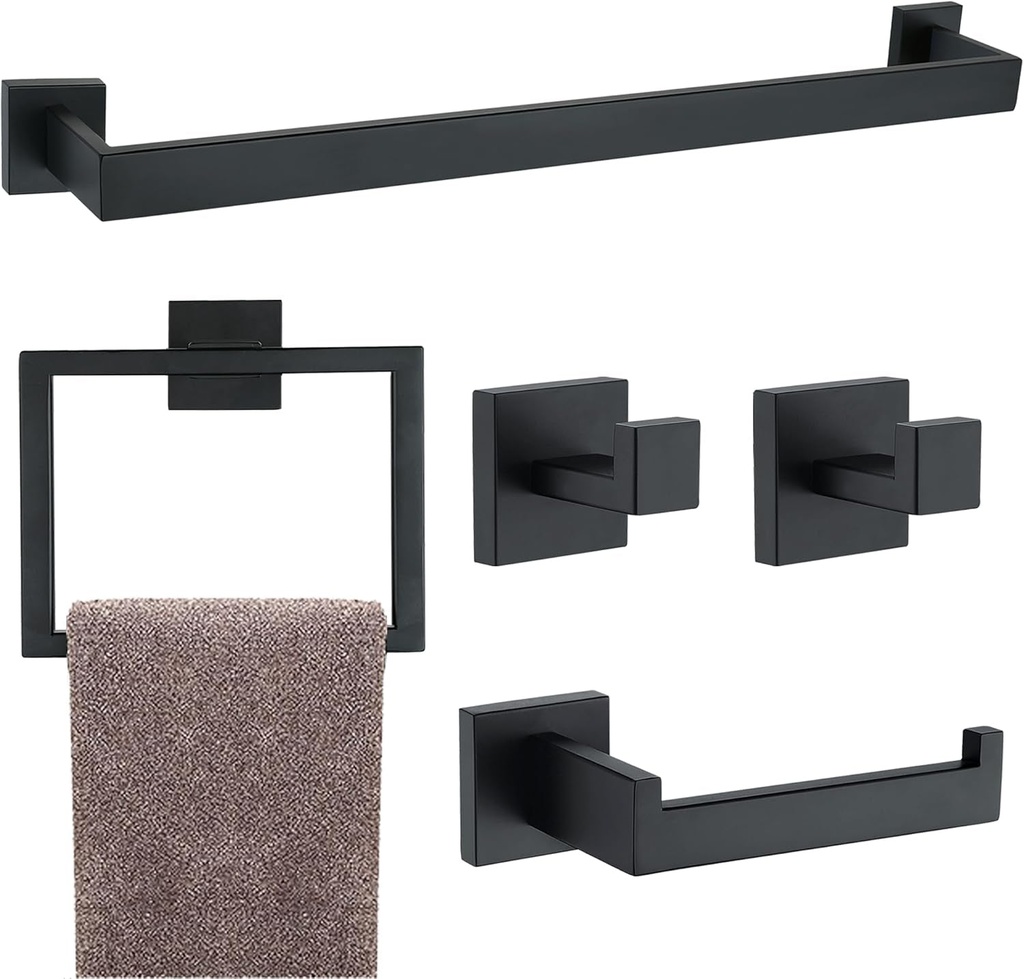 5 Pieces Bathroom Hardware Accessories Set Matte Black, 16Inch Towel Racks for Bathroom, Bathroom Towel Rack Set SUS304 Stainless Steel, Square Towel Bar Set, Bath Accessories Sets Wall Mounted