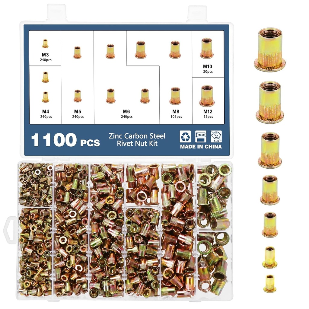 OCR 1100Pcs Carbon Steel Rivet Nut Assortment Set Flat Head Thread Rivet Insert Nut, Metric Sizes M3, M4, M5, M6, M8, M10, M12