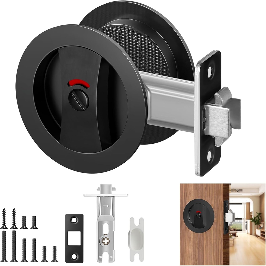Matte Black Pocket Door Hardware with Indicator, Contemporary Privacy round Pocket Door Lock, Heavy Duty Flush Pocket Door Hardware for Bathroom, 2-3/8" Backset, Matte Black