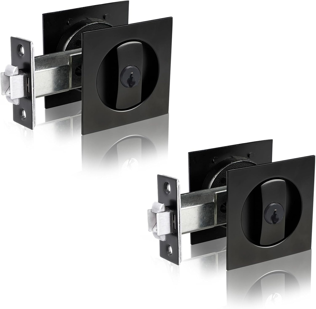 Dontay Pocket Door Lock with Key, Contemporary Entrance Sliding Barn Door Lock Latch, Recessed 2 Sided, 2 3/8" Backset, Flush Handles Hardware (Excluding Edge Pull, Matte Black, Square - 2 Pack)