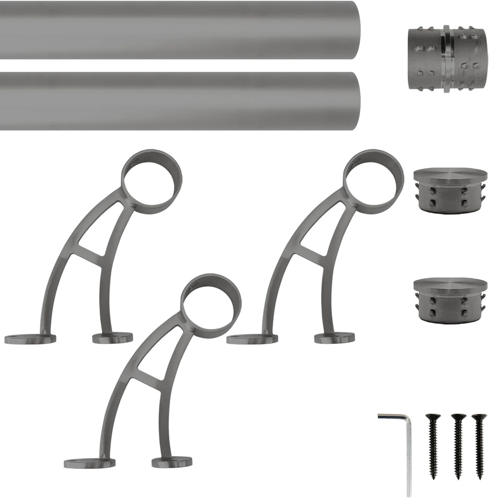 Wall Mount Foot Rail Kit, Titanium Black (Dark Gray) Finish Stainless Steel Tubing W/Internal Connector, Bar Foot Rail Brackets (Flat End Cap, 9 Ft (54 in X 2))