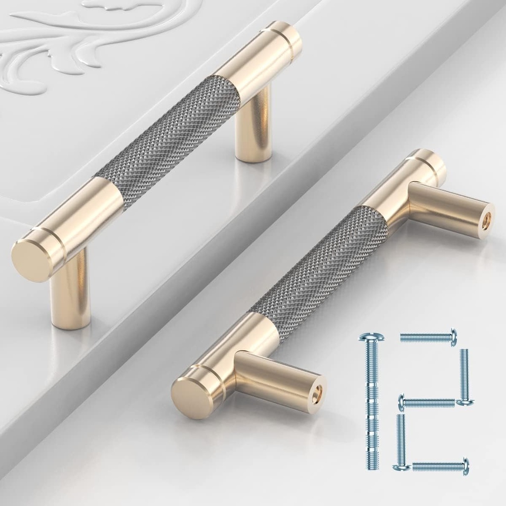 12 Pack 3Inch 76Mm Kitchen Cabinet Handles Aluminum Knurled Drawer Pulls Cabinet Knobs Cabinet Pulls Gold and Gray Oxidation Finish Hardware for Bathroom, Closet, Wardrobe,Dresser(3" Holecenter)