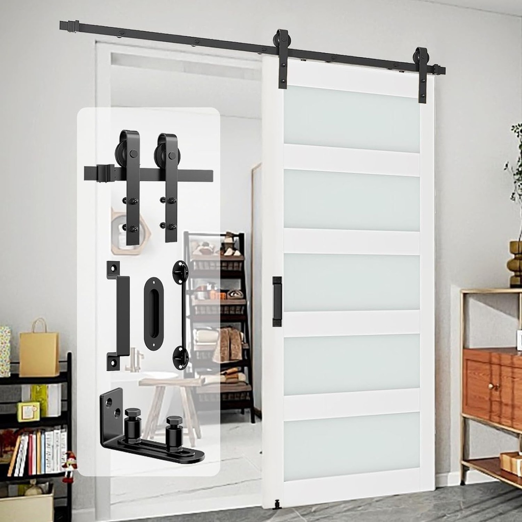 Barn Door Hardware Kit 8FT Heavy Duty Sliding Door Track Kit with Floor Guide and 2 Handles with Lock, Smoothly Hardware Kits for Interior Exterior Fit 42"-48" Wide Panel (J Shape Hanger)
