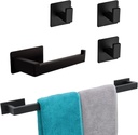 5 Pieces Self Adhesive Bathroom Hardware Set-Sus304 Stainless Steel-Towel Rack Set Include 24″Towel Bar+Toilet Paper Holder+3 Towel/Robe Hooks Bathroom Accessory Towel Bar Set (Black, 24 In)