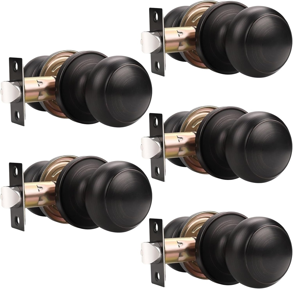 Knobelite (5 Pack round Passage Door Knob(Non-Locking Knobs), Keyless Doorknobs Interior/Exterior Door Lockset,Passage Knobs for Hallway/Closet,Oil Rubbed Bronze Finish Modern Design Door Hardware