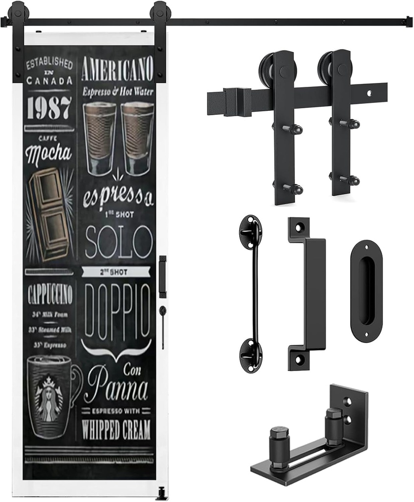 4FT Barn Door Hardware Kit Heavy Duty Sliding Door Track Kit with Floor Guide and 2 Handles, Smoothly Hardware Kits for Interior and Exterior Fit 24" Wide Door Panel (I Shape Hanger)