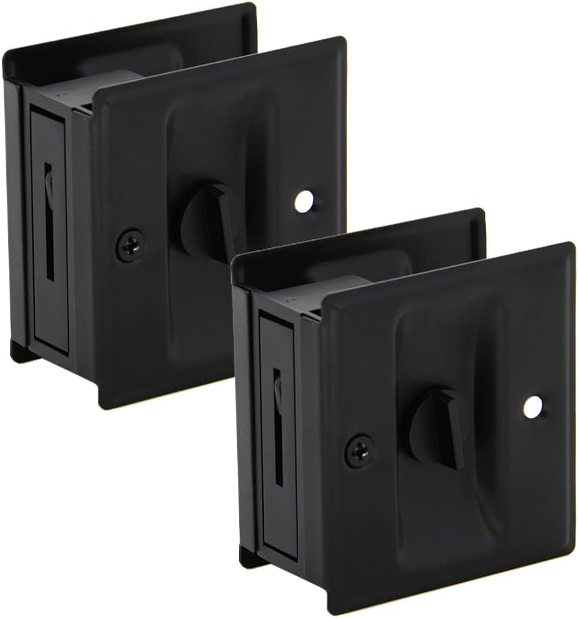 Privacy Sliding Door Lock with Pull, Solid Brass Pocket Door Privacy Lock, 2-3/4”X2-1/2”, for 1-3/8” Thickness Door, Matte Black, 2 Pack