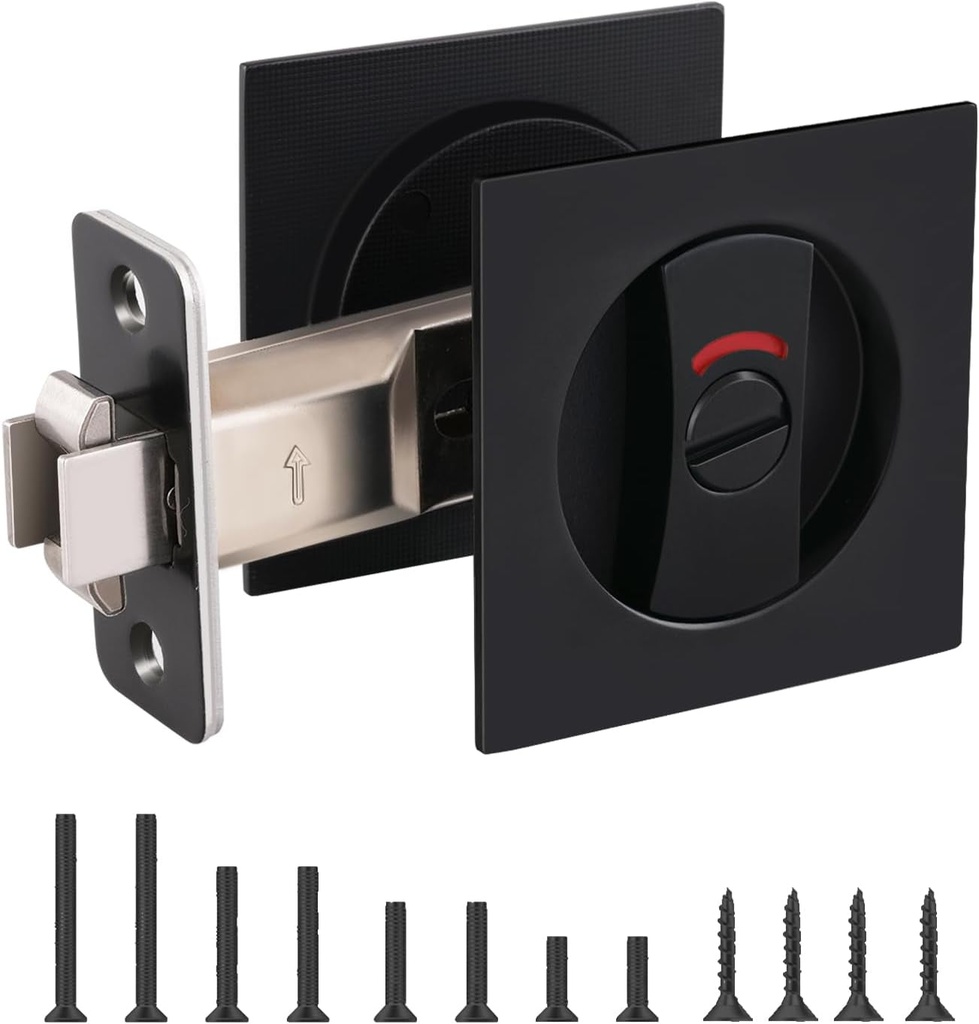 Square Pocket Door Lock with Indicator,1 Pack Black Contemporary Privacy Pocket Door Hardware,2-3/8" Non_Adjustable Backset for 1-3/5" to 2-1/8" Thickness Door,Matte Black