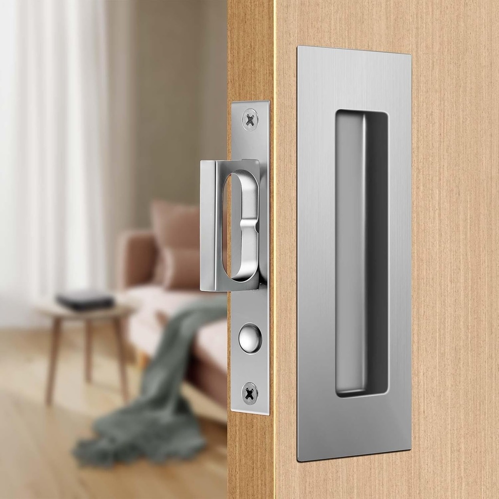 6 INCH Sliding Pocket Door Handles, 304 Stainless Steel Non Locking Pocket Door Hardware, Recessed Flush Finger Pulls, Heavy Duty Edge Pull with Pop Out Ring Pull (Silver)