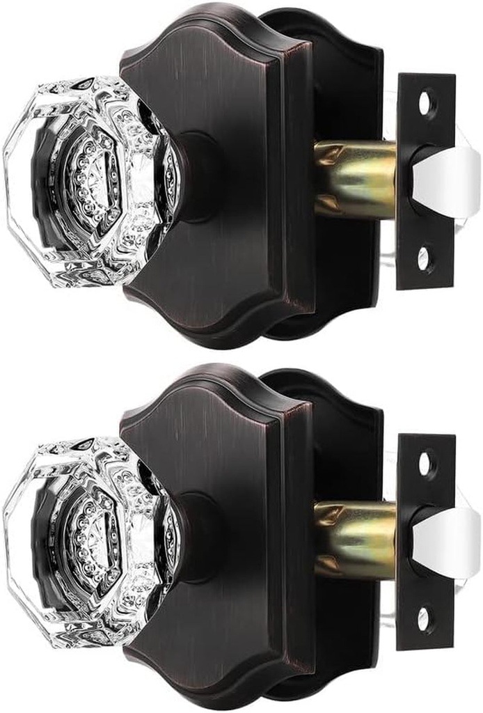 Orger Passage Door Knobs for Hallway and Closet, Glass Door Handles with Non-Locking Latch, Octagonal Clear Crystal Door Knobs 2 Pack, Oil Rubbed Bronze Vintage Rosette with Heavy Duty Crystal