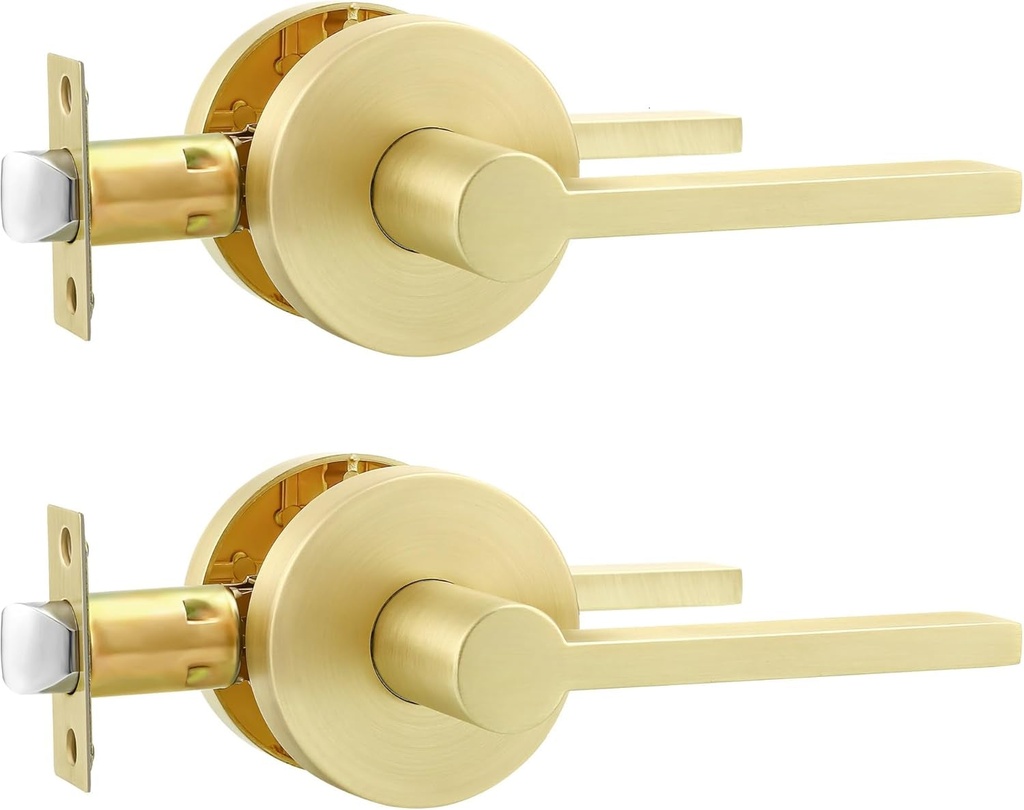 2 Pack Interior Gold Passage Door Handle, Gold Interior Door Handle, round Shape Door Knobs,Modern Design Door Hardware,Brushed Gold Passage Door Lever for Hall and Closet, Easy Installation