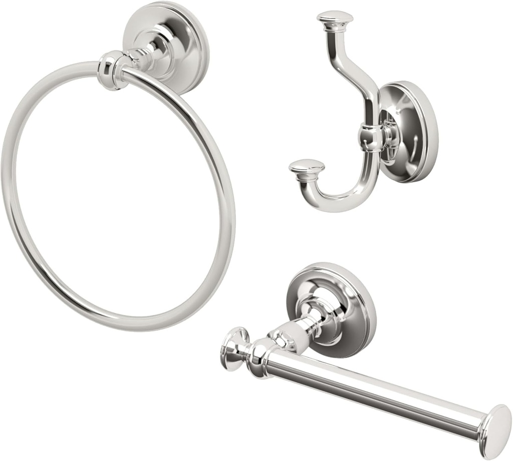 Tavern 3-Piece Kit, Polished Nickel, Toilet Paper Holder, Towel Ring, Robe Hook