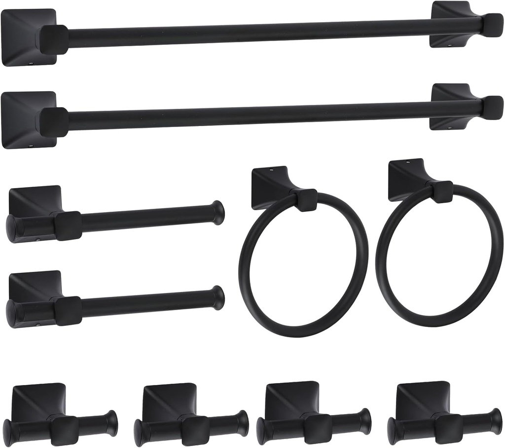 LKKL Bathroom Accessories Set 10 Piece, 24 Inch Black Towel Bar+Towel Ring+Toilet Paper Holder+ Robe Towel Hook SUS304 Stainless Steel Bathroon Hardware Set