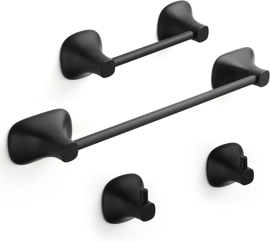 Towel Holders Bathroom Hardware Set Wall Mounted Mate Black 4PCS Bathroom Accessories Towel Rack, Toilet Paper Holder, Adhesive Robe Hooks for Bathroom Kitchen