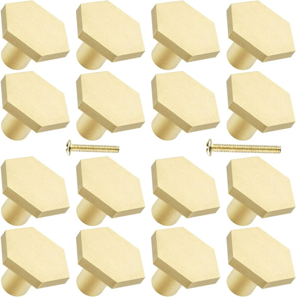 16 Pack Solid Brass Hexagon Knobs, 1.35'' Brushed Gold Pure Copper Decorative Knob Pull Handles for Kitchen Cabinet Drawer Dresser, Modern Furniture Door Hardware
