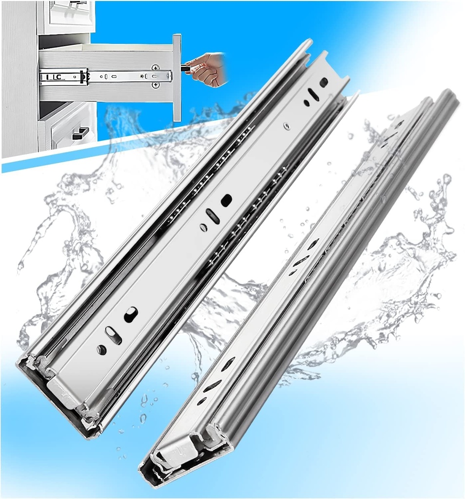 YENUO Stainless Steel Full Extension Drawer Slides Side Mount 10 12 14 16 18 20 22 24 Inch Ball Bearing Metal Rails Track Guide Glides Runners Heavy Duty 100 Lb 1/5/10 Pair (1 Pair, 16 Inch)