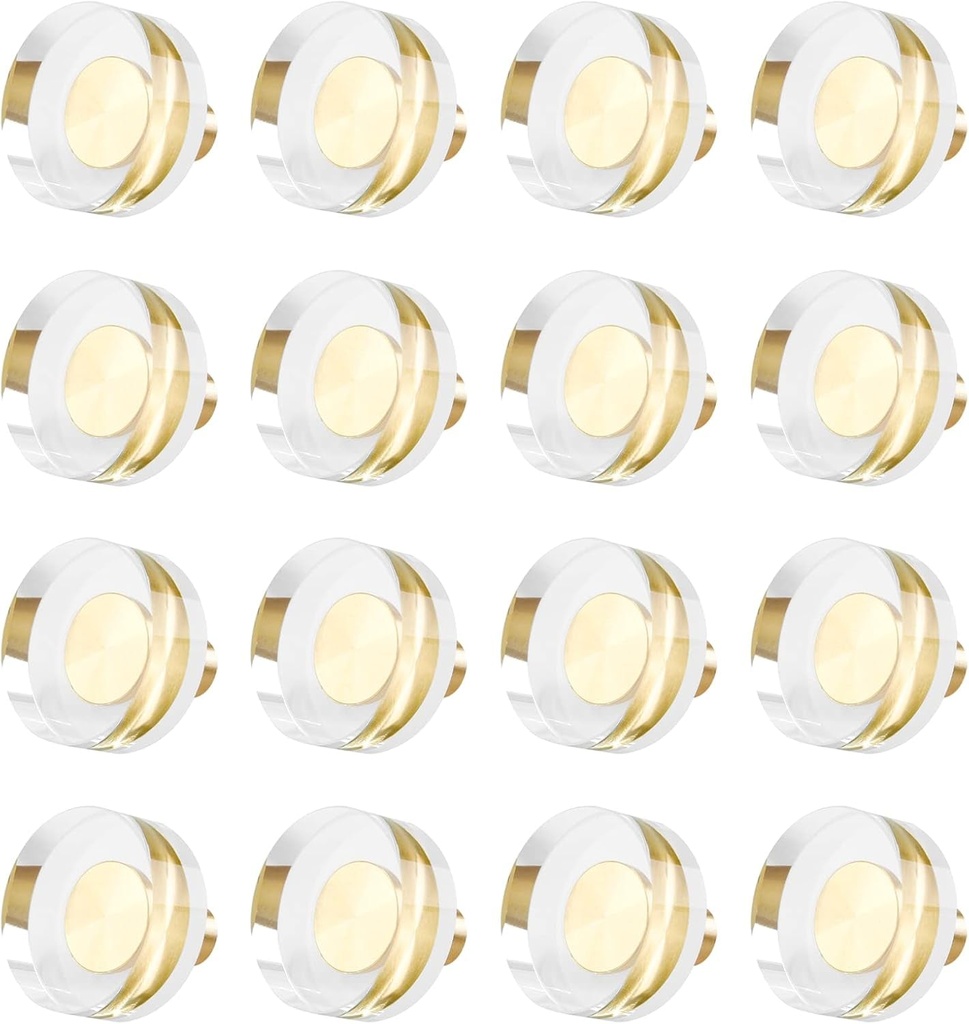 Bokwin 16 Pcs Gold Crystal Knobs,Glass Brass Crystal Door Knob,Geometric Drawer Knobs Pull Handle for Cabinet Dresser Furniture Cupboard Wardrobe Hardware(Round)