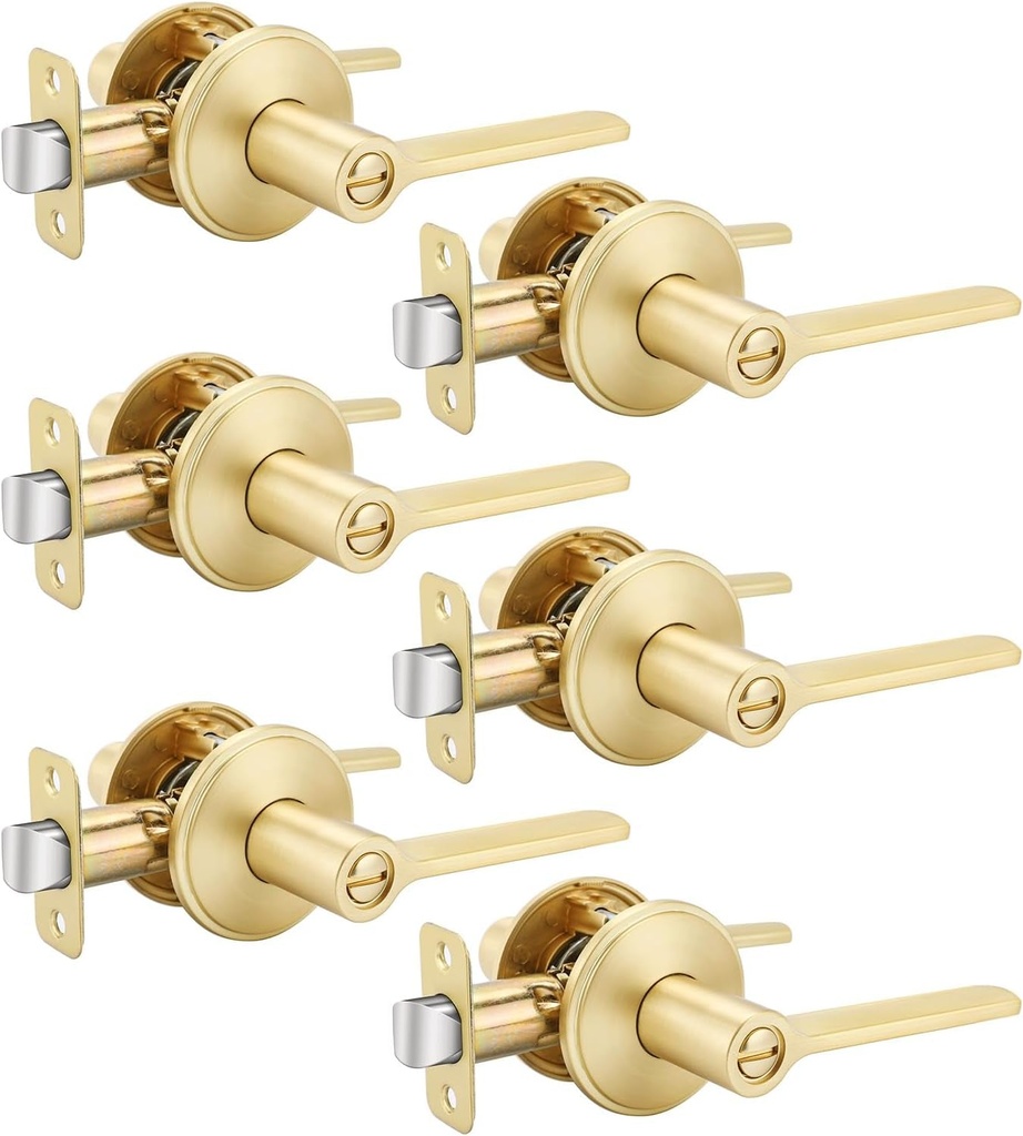 Goldenwarm 6 Pack Gold Door Handle, Interior Privacy Door Handle, Brushed Gold Door Handle, Satin Brass Door Lever for Bedroom and Bathroom with Lock, Door Hardware,Zinc-Alloy, Easy Installation