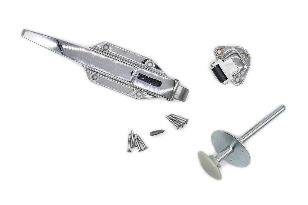 Kason 0058 Polished Chrome Radial Latch KIT with 0059 Roller Strike, -1/8" to 1/4", 0481 4" inside Release and Hardware KIT