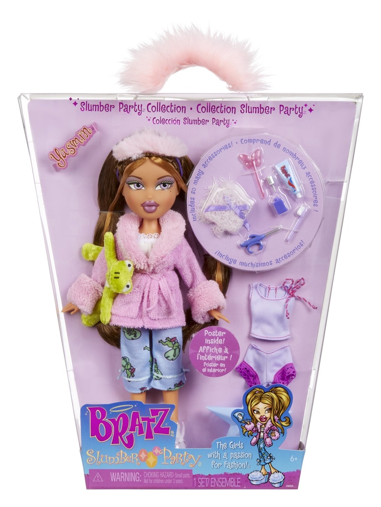 Bratz Slumber Party Yasmin Fashion Doll with 2 Sets of Pajamas, Plush, and Accessories