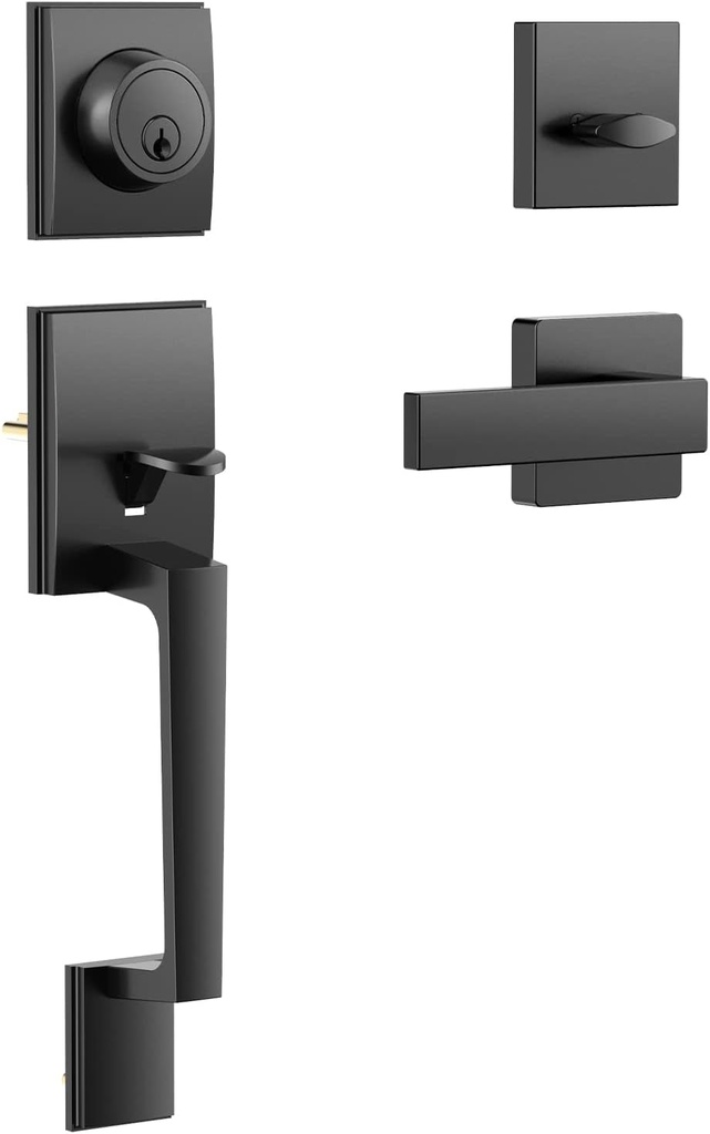 Front Door Handle, Door Knob with Lever for Right and Left Handed, Interior Exterior Entry Handleset Single Cylinder Deadbolt Handle Set Matte Black