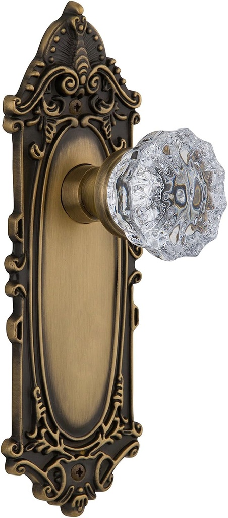 Nostalgic Warehouse 702105 Victorian Plate & Interior Crystal Door Knob, Passage-2.375 In, Antique Brass